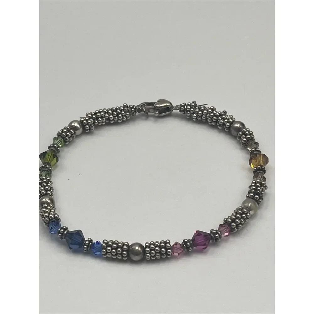 Vintage Sterling Silver 925 Tennis Beaded Bracelet Orange Pink Blue Green Grey